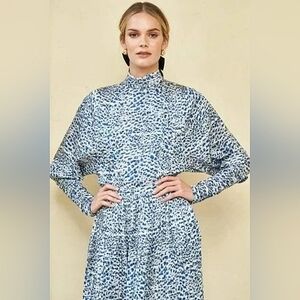 Hunter Bell Isabel Top Terrazzo Leopard Mock Neck Long Sleeve Blue Medium